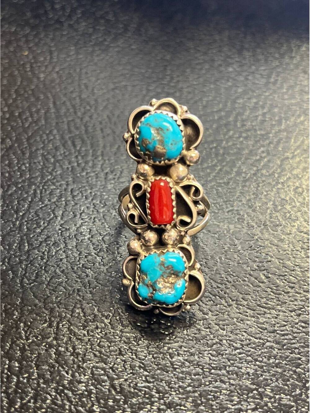 Navajo handmade cluster turquoise coral sterling silver ring size 8 natural